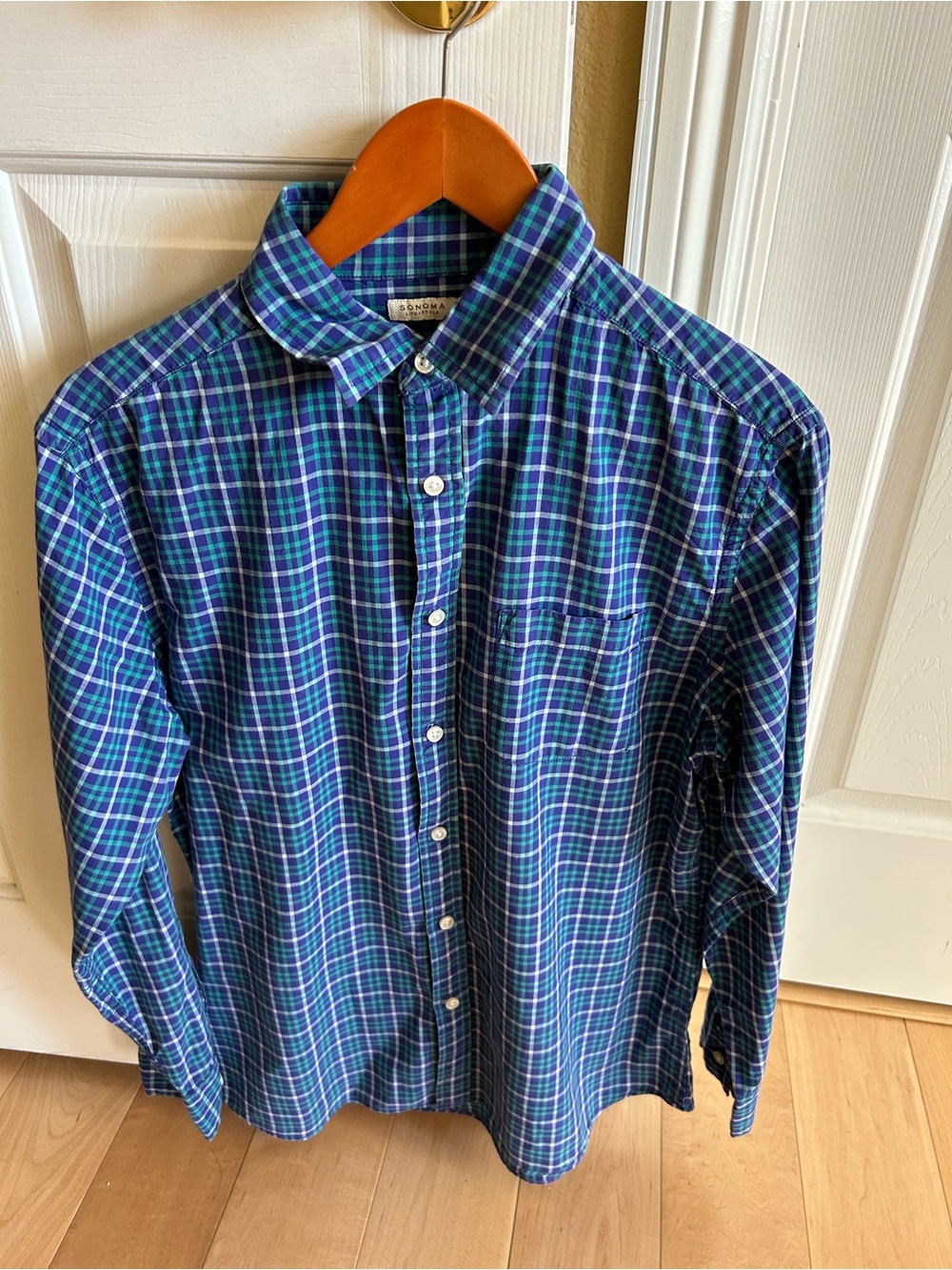 Sonoma Blue and Green Plaid Button-Up Long Sleeve Shirt Business Casual